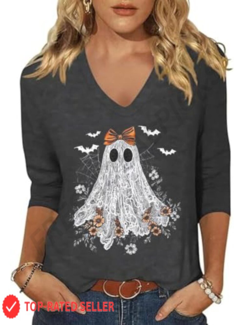 Women's V-Neck Boho Flowers Graphic Tee Pol;yester Blend Casual Summer Top